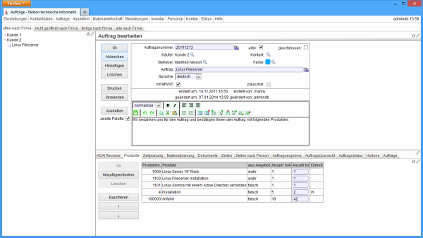 Maske zur Verwaltung der Aufträge Maske zur Verwaltung der Aufträge